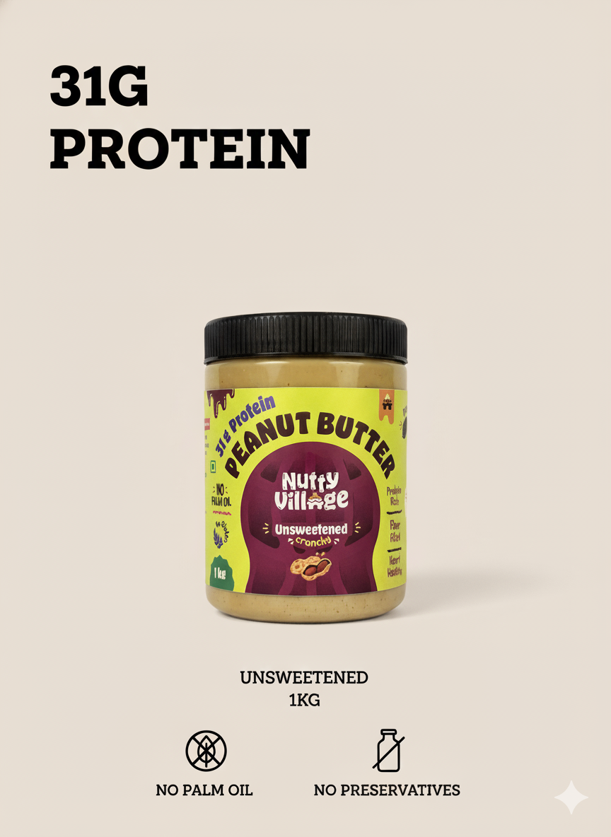 Nutty Village Unsweetened Peanut Butter – 100% Desi Peanuts | Vegan, High-Protein, No Sugar, No Palm Oil