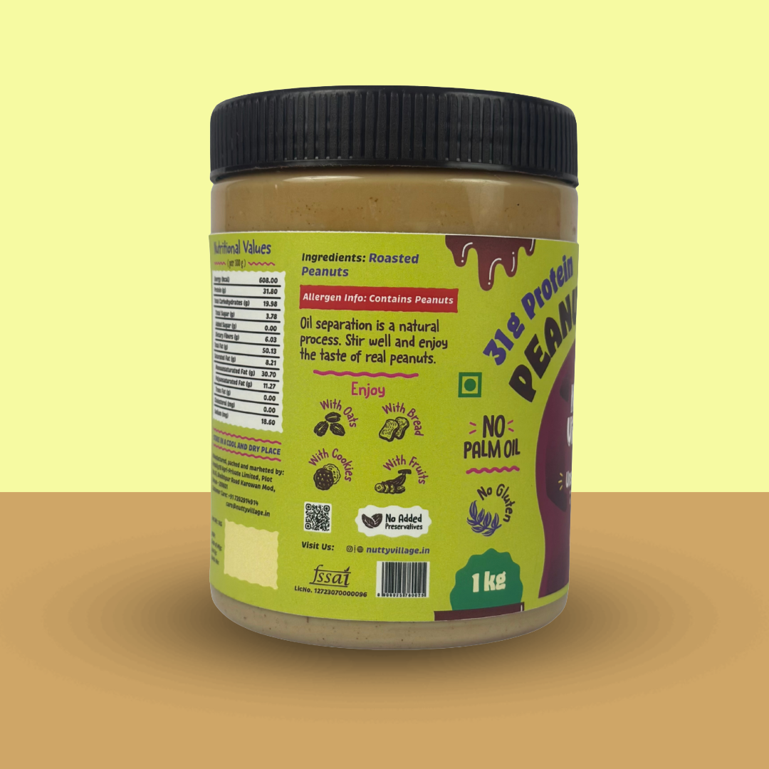 Nutty Village Unsweetened Peanut Butter | Creamy or Crunchy Available | 1 Kg