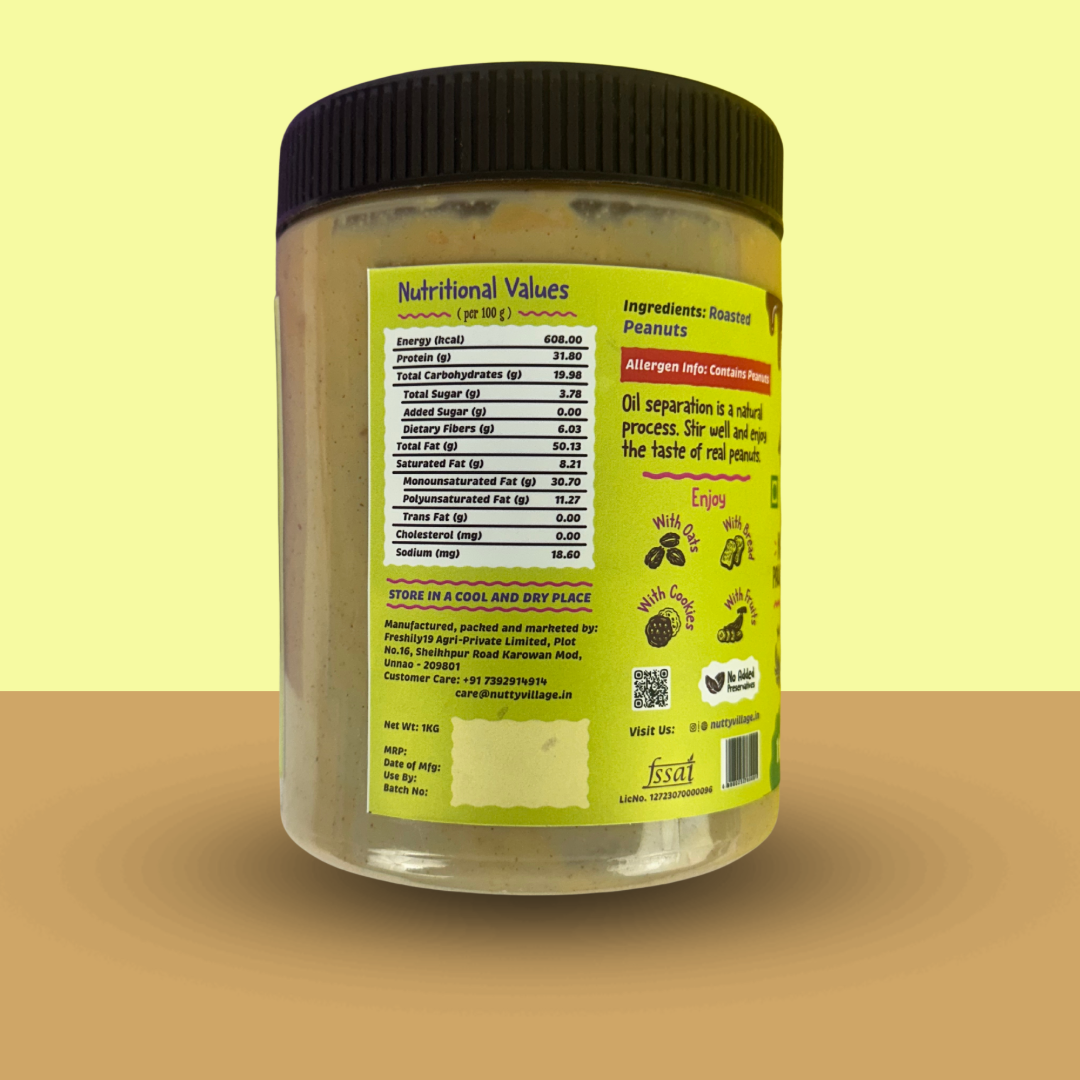 Nutty Village Unsweetened Peanut Butter | Creamy or Crunchy Available | 1 Kg