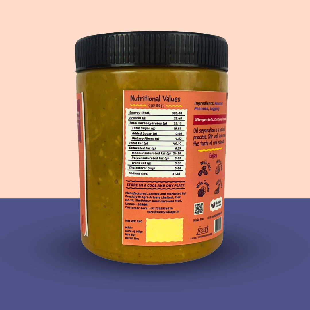 Nutty Village Jaggery-Flavoured Peanut Butter | Creamy or Crunchy Available | 1 Kg
