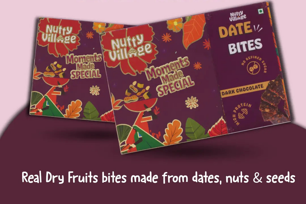 Two packages of Nutty Village Date Bites on a purple background with text about the product.
