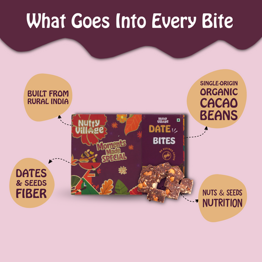 Nutty Village Dry Fruit Bites Date-Sweetened | Date Barfi | Dark Chocolate