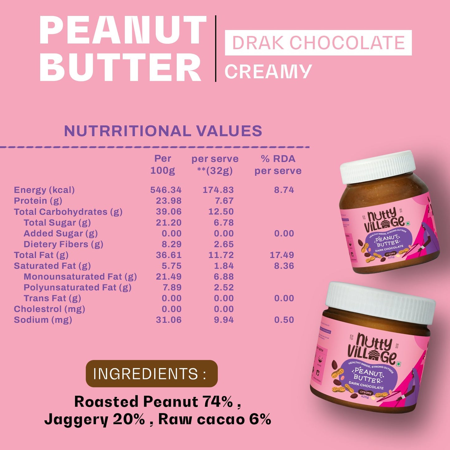 Nutty Village Dark Chocolate Peanut Butter | Creamy or Crunchy Available | 1 Kg