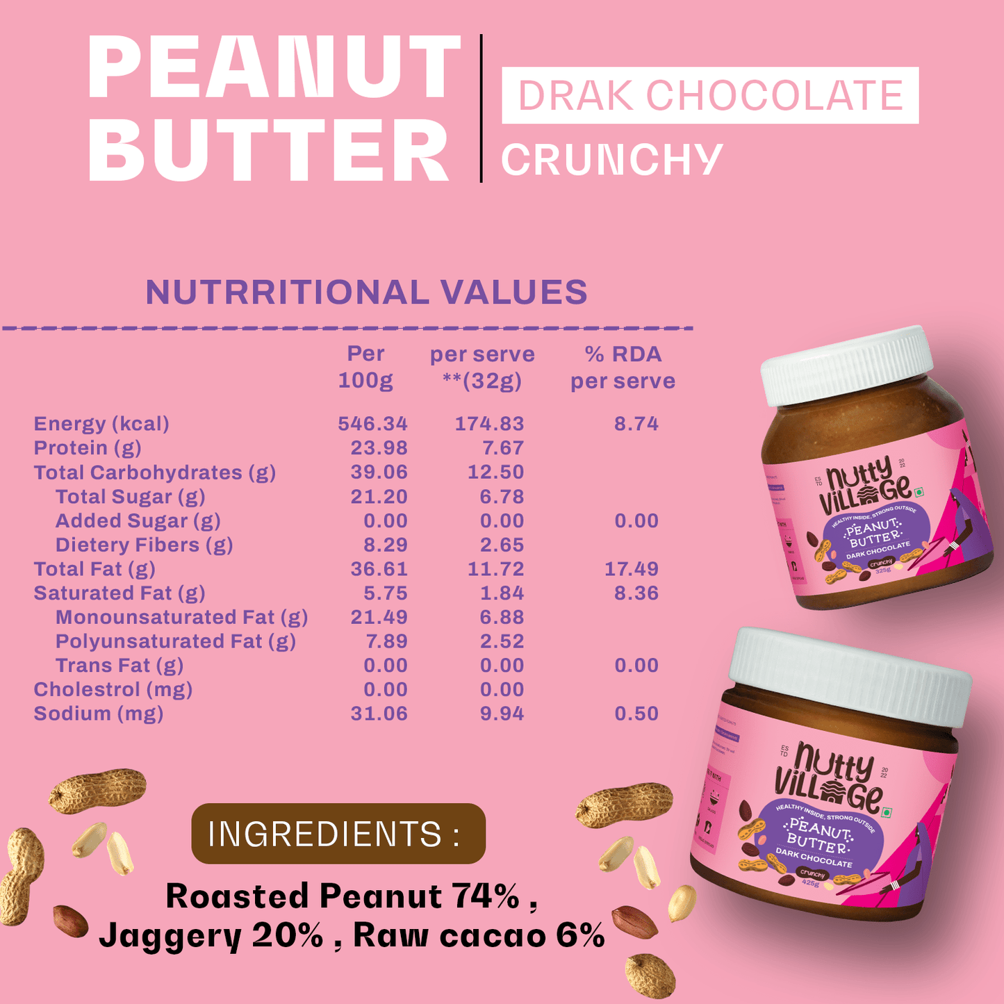 Nutty Village Dark Chocolate Peanut Butter (Crunchy) 100% Natural High Protein 325gm - Nutty Village