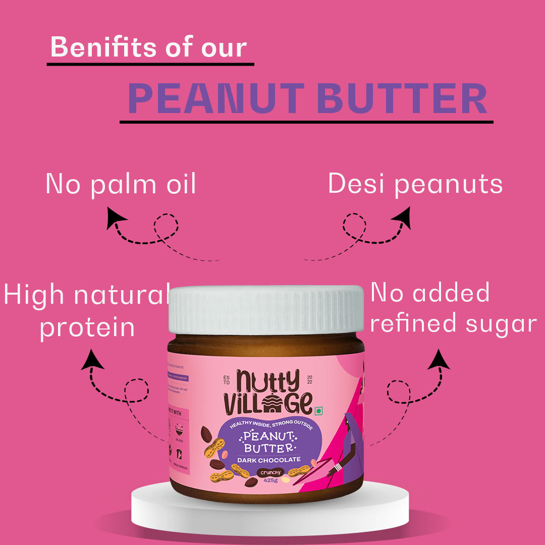 Nutty Village Dark Chocolate Peanut Butter (Crunchy) 100% Natural High Protein 425gm - Nutty Village