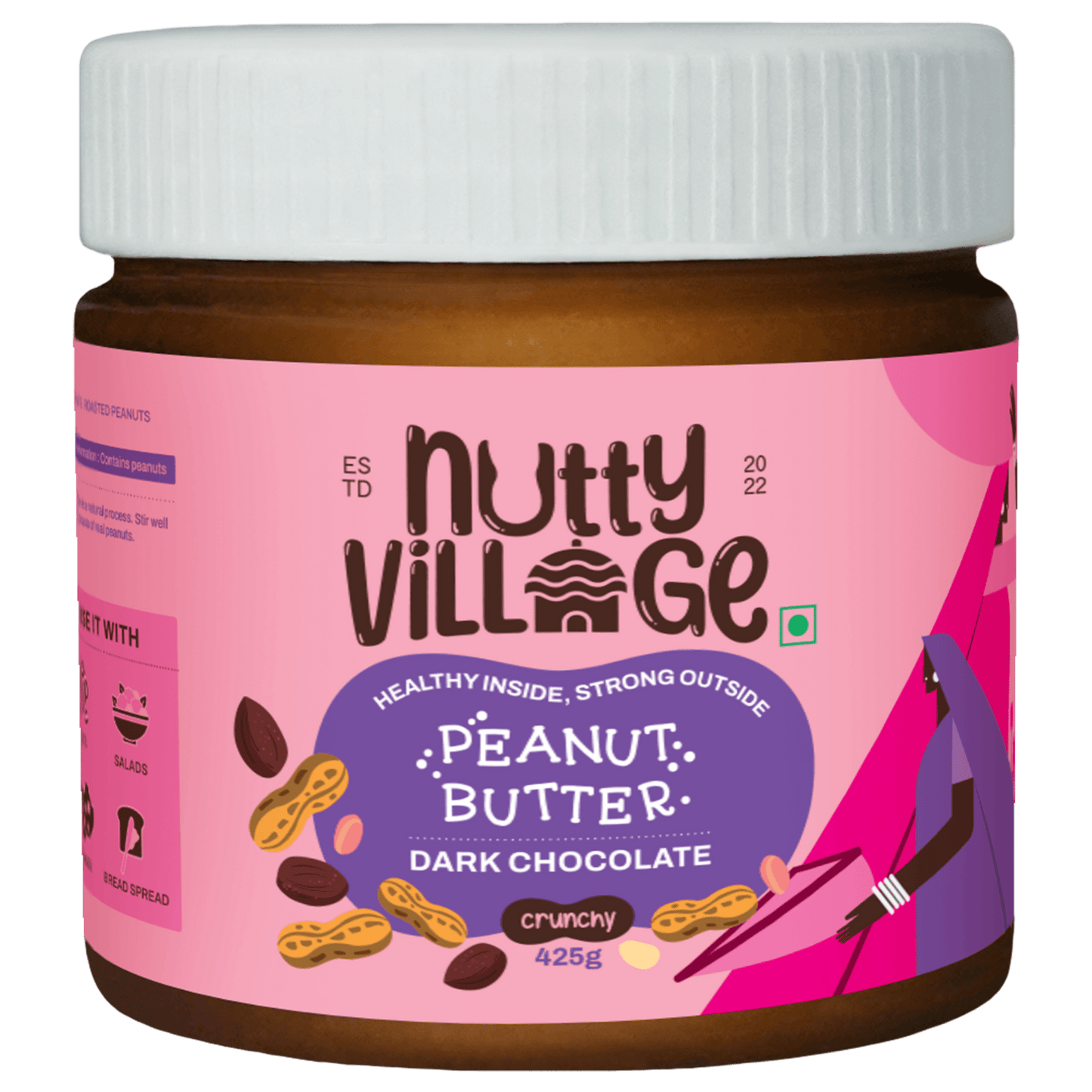 Nutty Village Dark Chocolate Peanut Butter (Crunchy) 100% Natural High Protein 425gm - Nutty Village