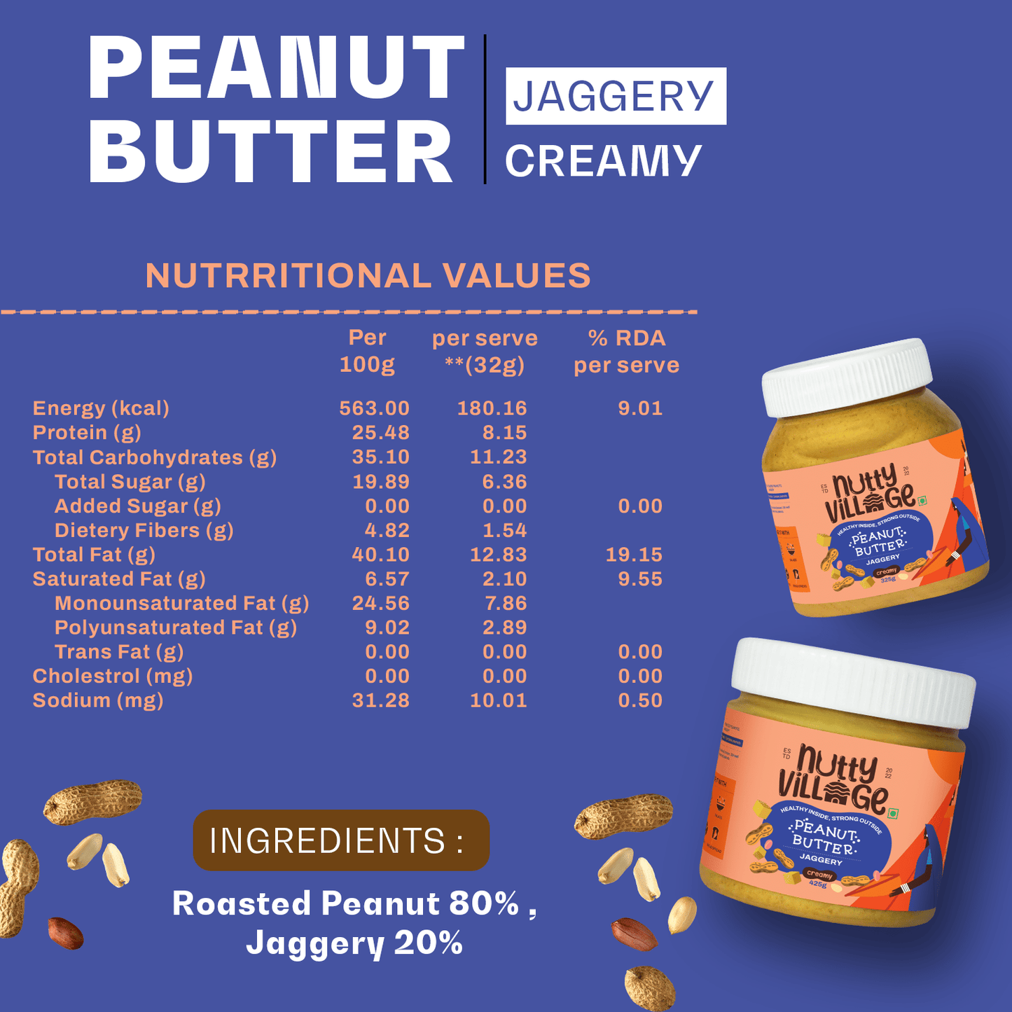 Nutty Village Jaggery Delight Peanut Butter (Creamy) 100% Natural High Protein 425gm - Nutty Village