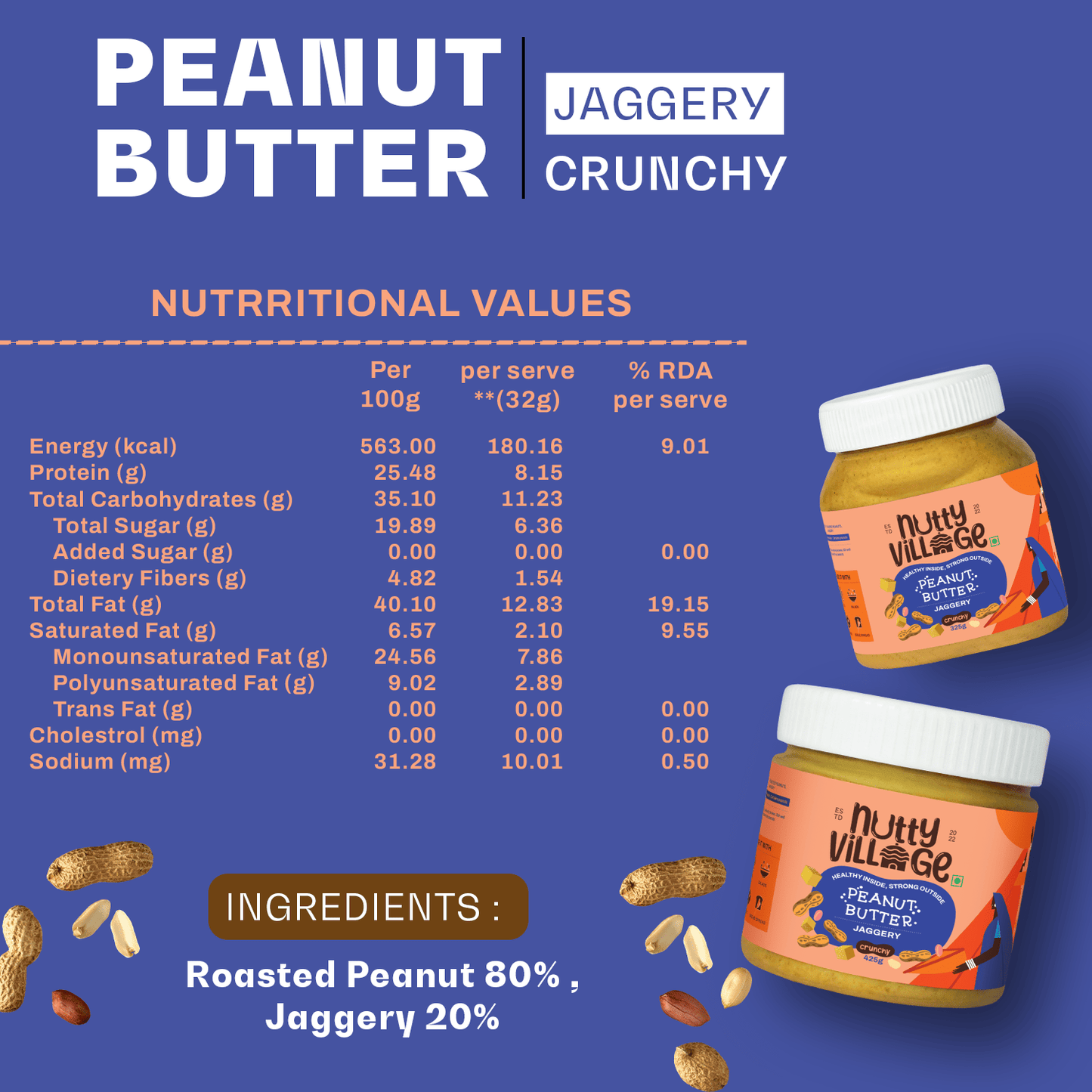 Nutty Village Jaggery Delight Peanut Butter (Crunchy) 100% Natural High Protein 425gm - Nutty Village