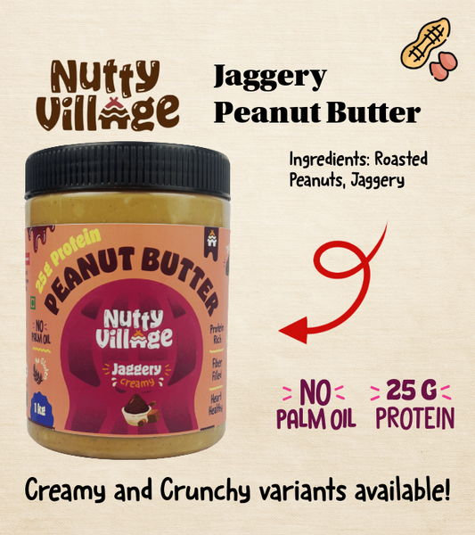 Nutty Village Jaggery-Flavoured Peanut Butter | Creamy or Crunchy Available | 1 Kg - Nutty Village