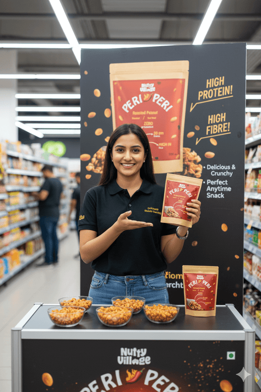 Nutty Village Peri Peri Roasted Peanuts – high protein, high fibre air roasted spicy peanuts. Healthy anytime snack made with zero cholesterol and no palm oil.