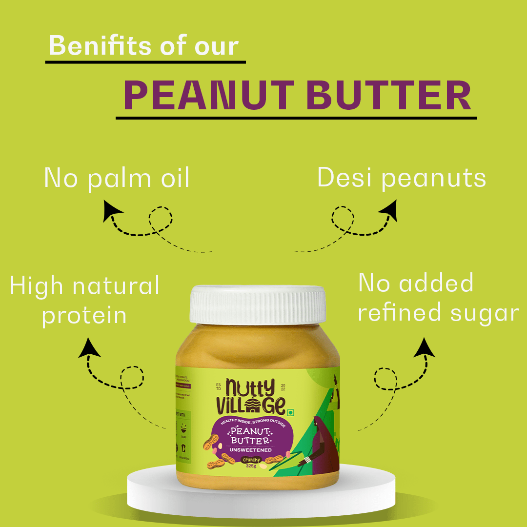 Nutty Village Unsweetened Peanut Butter (Crunchy) 100% Natural High Protein 325gm - Nutty Village