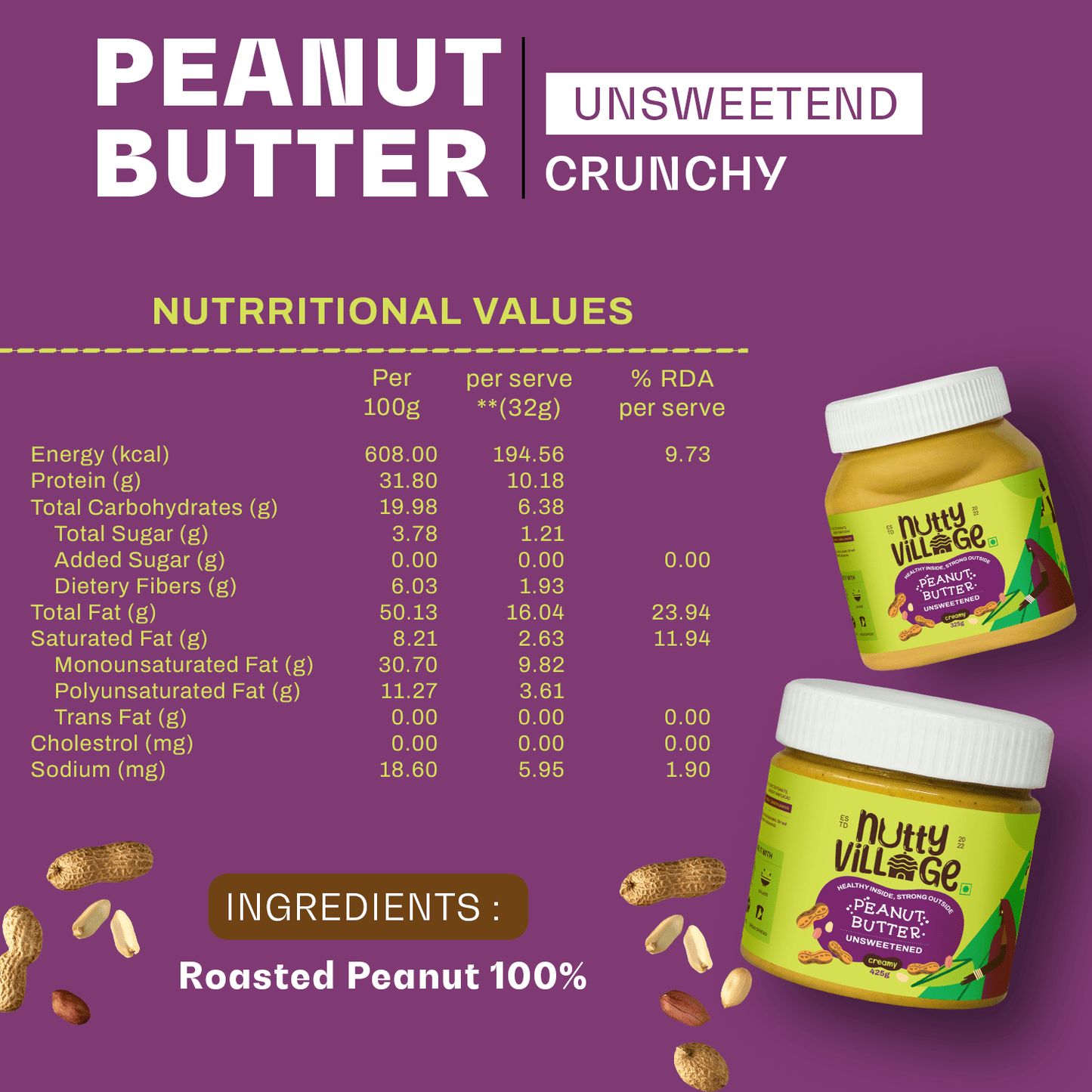 Nutty Village Unsweetened Peanut Butter (Crunchy) 100% Natural High Protein 425gm - Nutty Village