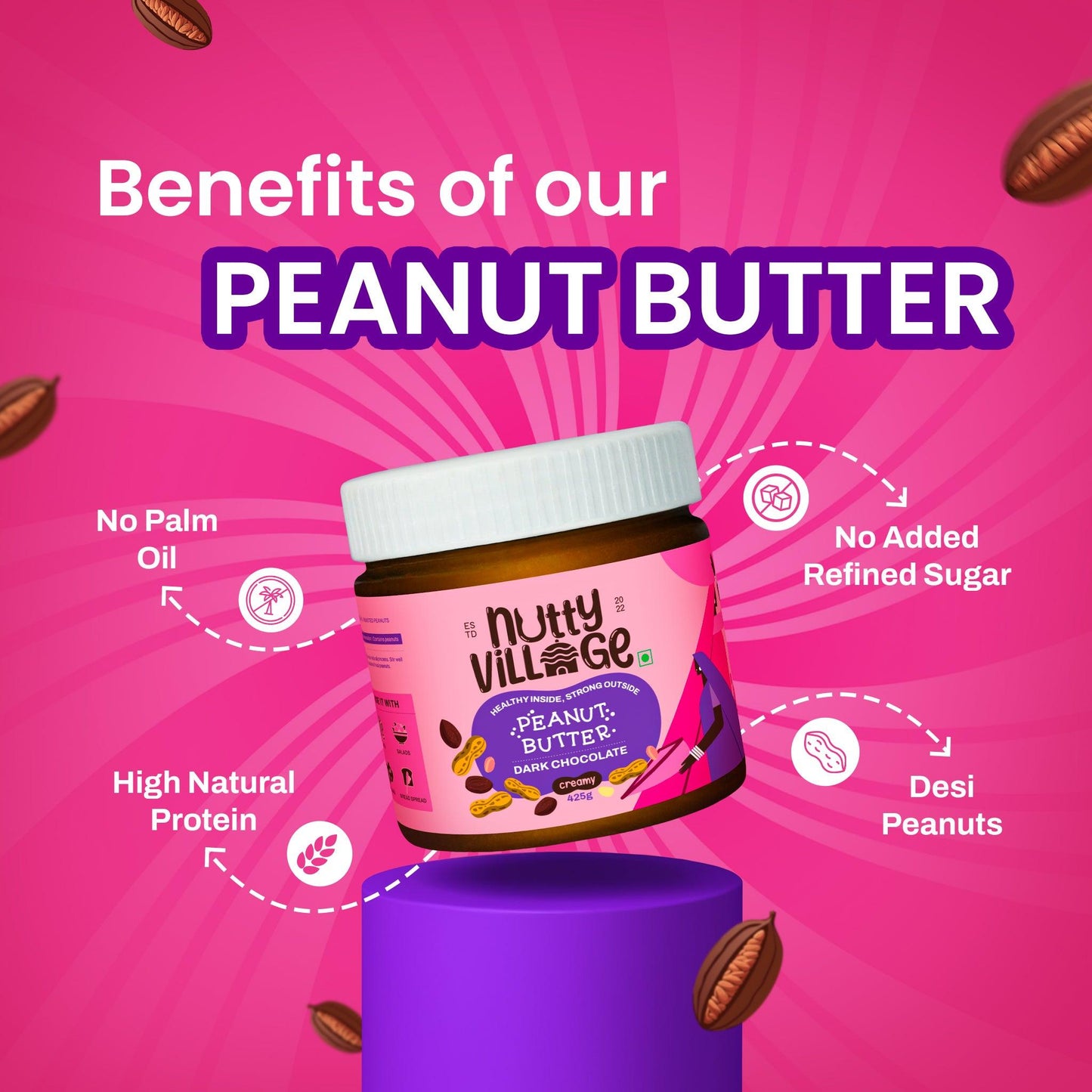 Nutty Village Dark Chocolate Peanut Butter (Creamy) 100% Natural High Protein 425gm