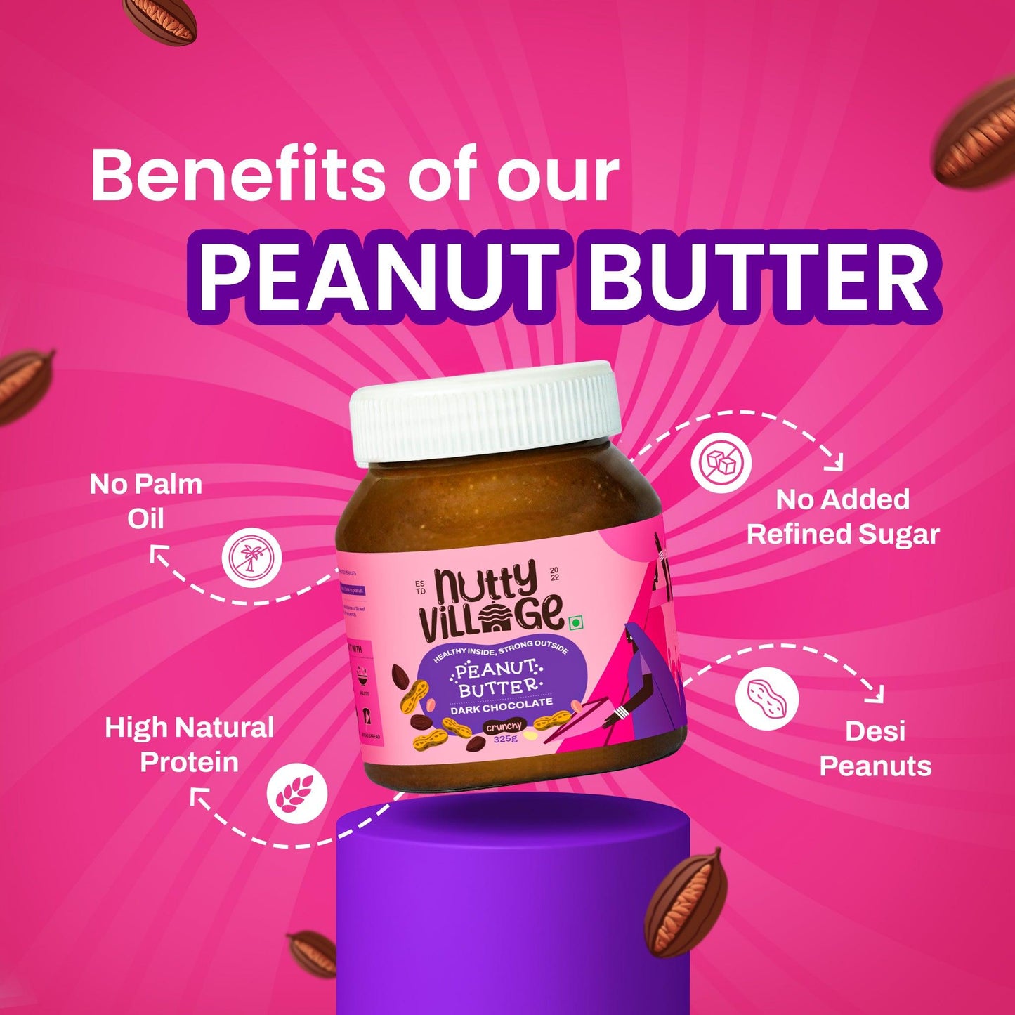 Nutty Village Dark Chocolate Peanut Butter (Crunchy) 100% Natural High Protein 325gm