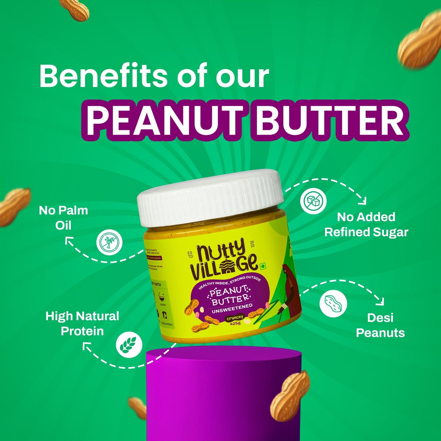 Nutty Village Unsweetened Peanut Butter (Creamy) 100% Natural High Protein 325gm