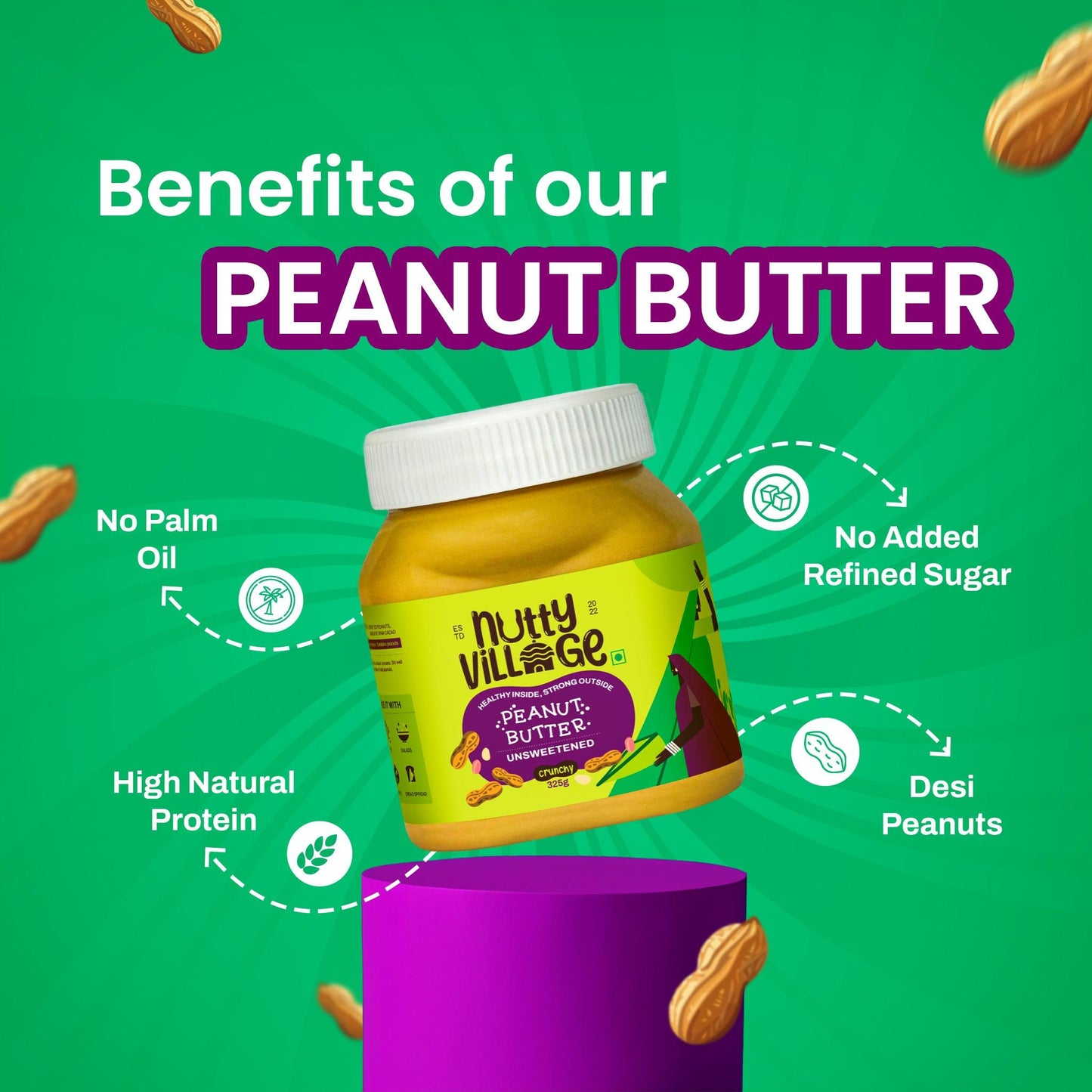 Nutty Village Unsweetened Peanut Butter (Crunchy) 100% Natural High Protein 325gm