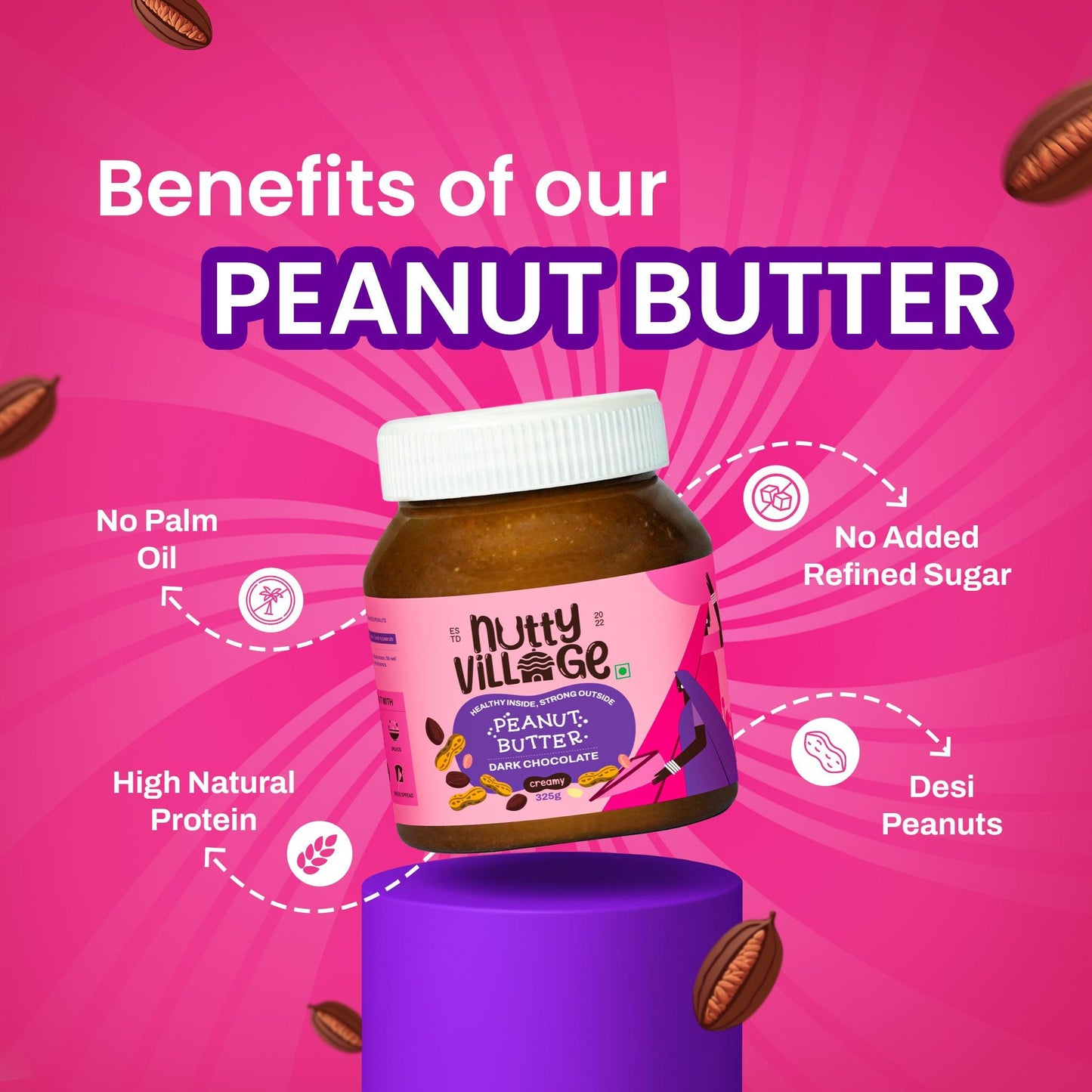 Nutty Village Dark Chocolate Peanut Butter (Creamy) 100% Natural High Protein 325gm