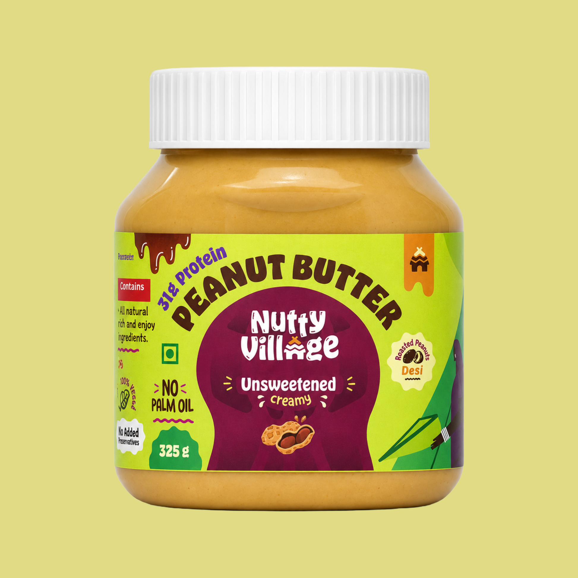 CREAMY- Unsweetened Peanut Butter Pack of 325g Nutty Village