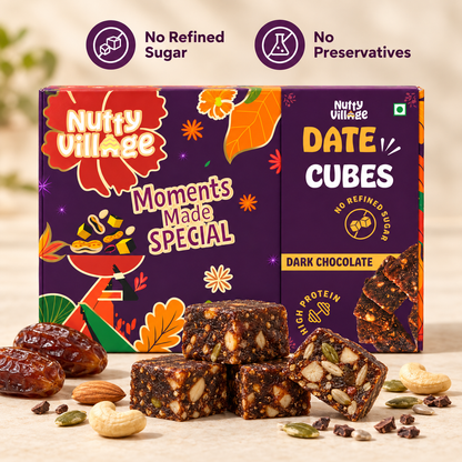 Dark Chocolate Date Cubes – 96% Dates, Nuts and Seeds, 4% Cacao and Vanilla | 200g