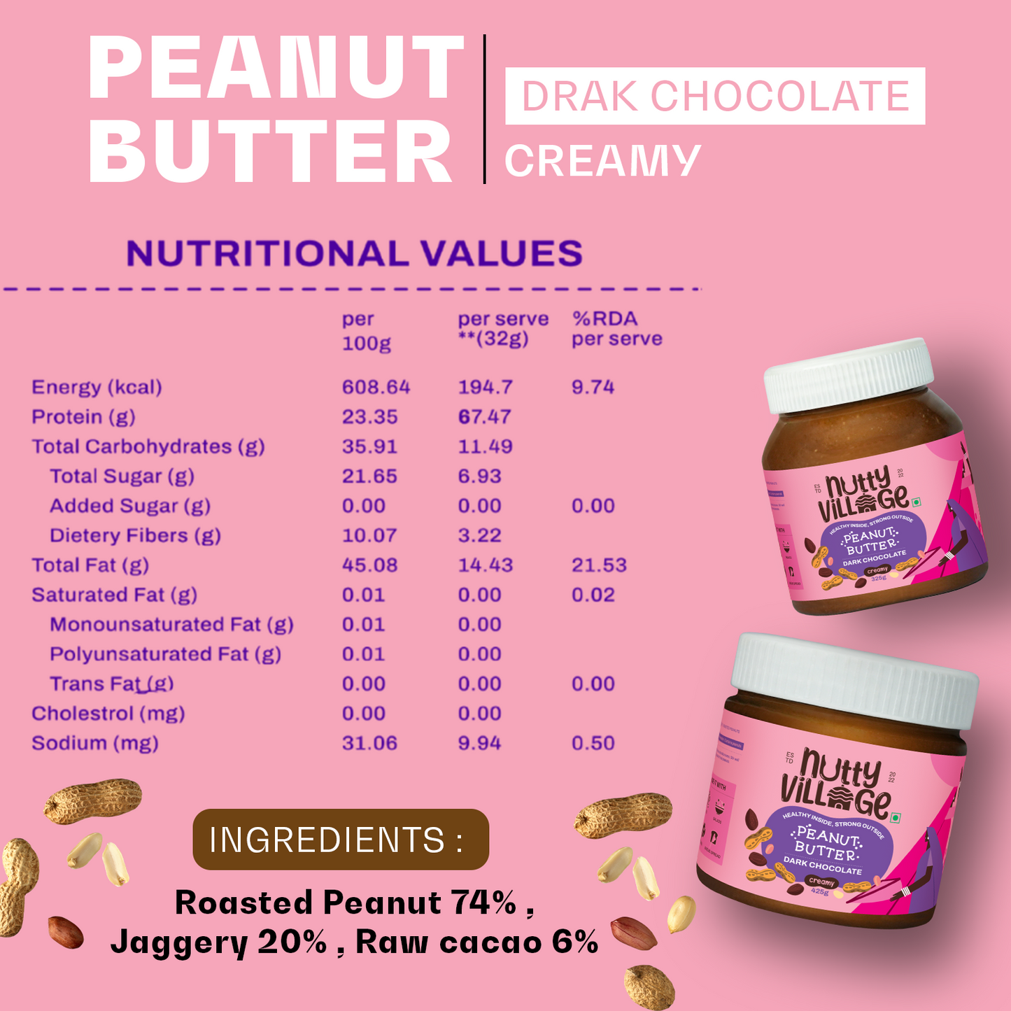 Nutty Village Dark Chocolate Peanut Butter (Creamy) 100% Natural High Protein 425gm