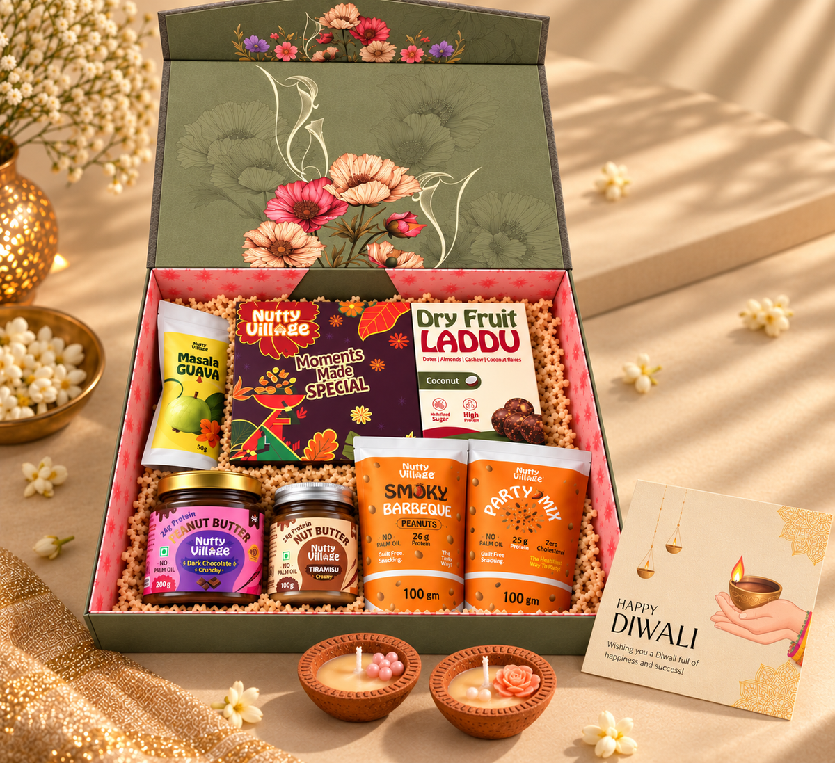 MEHMAANI Grand Diwali Hamper – 96% Dates, Nuts & Seeds Laddus | 7 Treats | 960g
