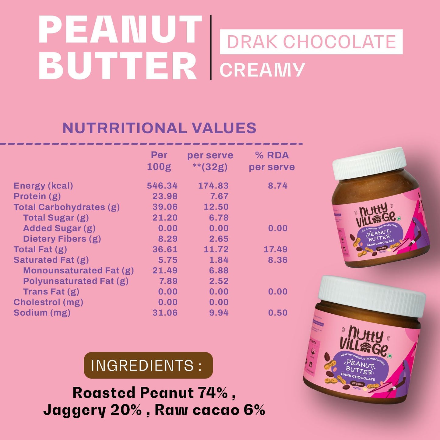 Nutty Village Combo Dark chocolate (Creamy) &  Jaggery Delight (Creamy) 100% Natural High Protein 325gm