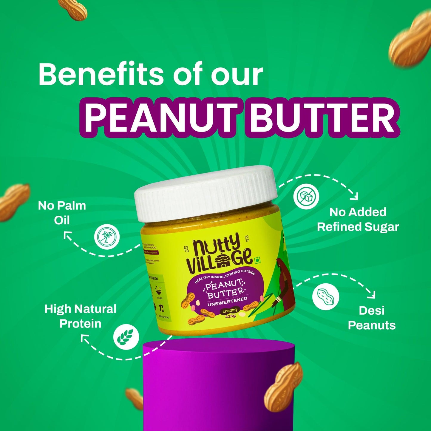 Nutty Village Unsweetened Peanut Butter (Creamy) 100% Natural High Protein 425gm