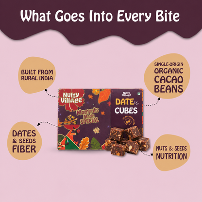 Dark Chocolate Date Cubes – 96% Dates, Nuts and Seeds, 4% Cacao and Vanilla | 200g