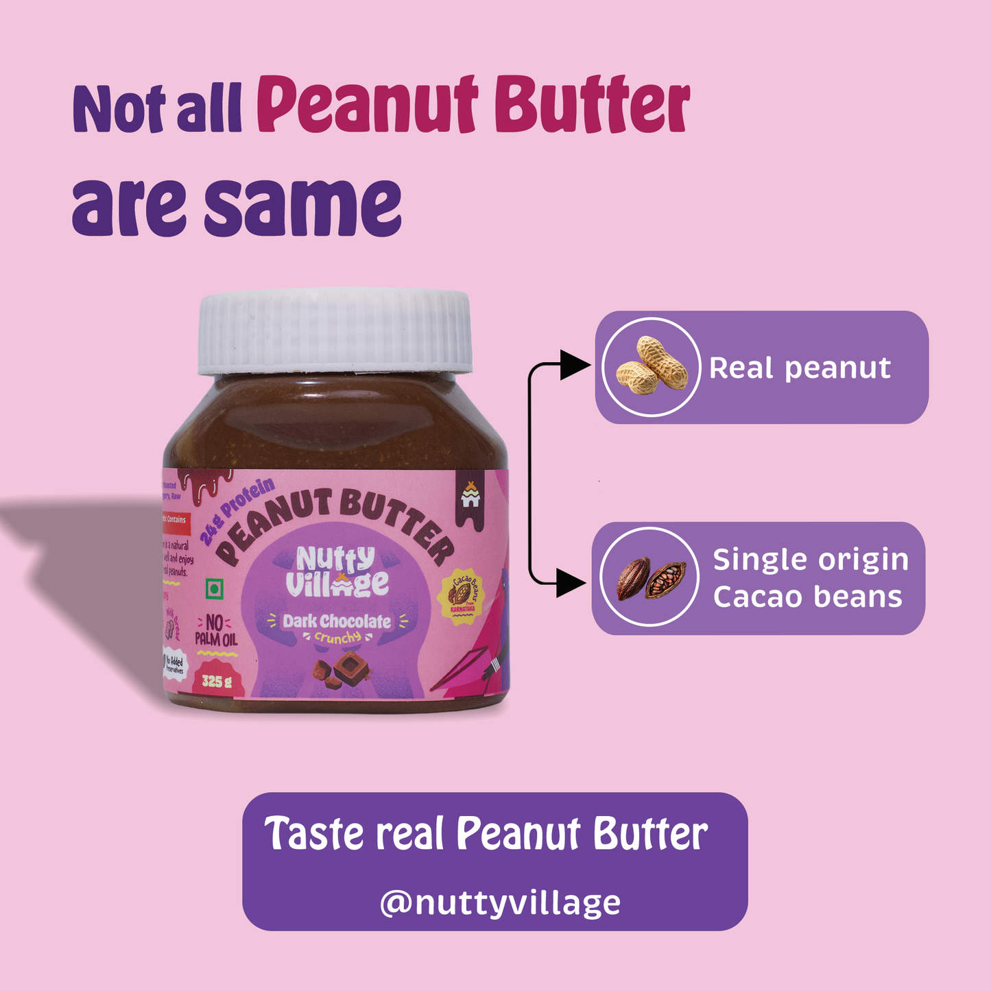 Nutty Village Dark Chocolate Peanut Butter | Creamy, Crunchy | 325g, 1 Kg