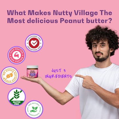 Nutty Village Dark Chocolate Peanut Butter – made with just 3 ingredients. High protein, no added sugar, gluten free, and 100% natural. Delicious creamy spread crafted in India.