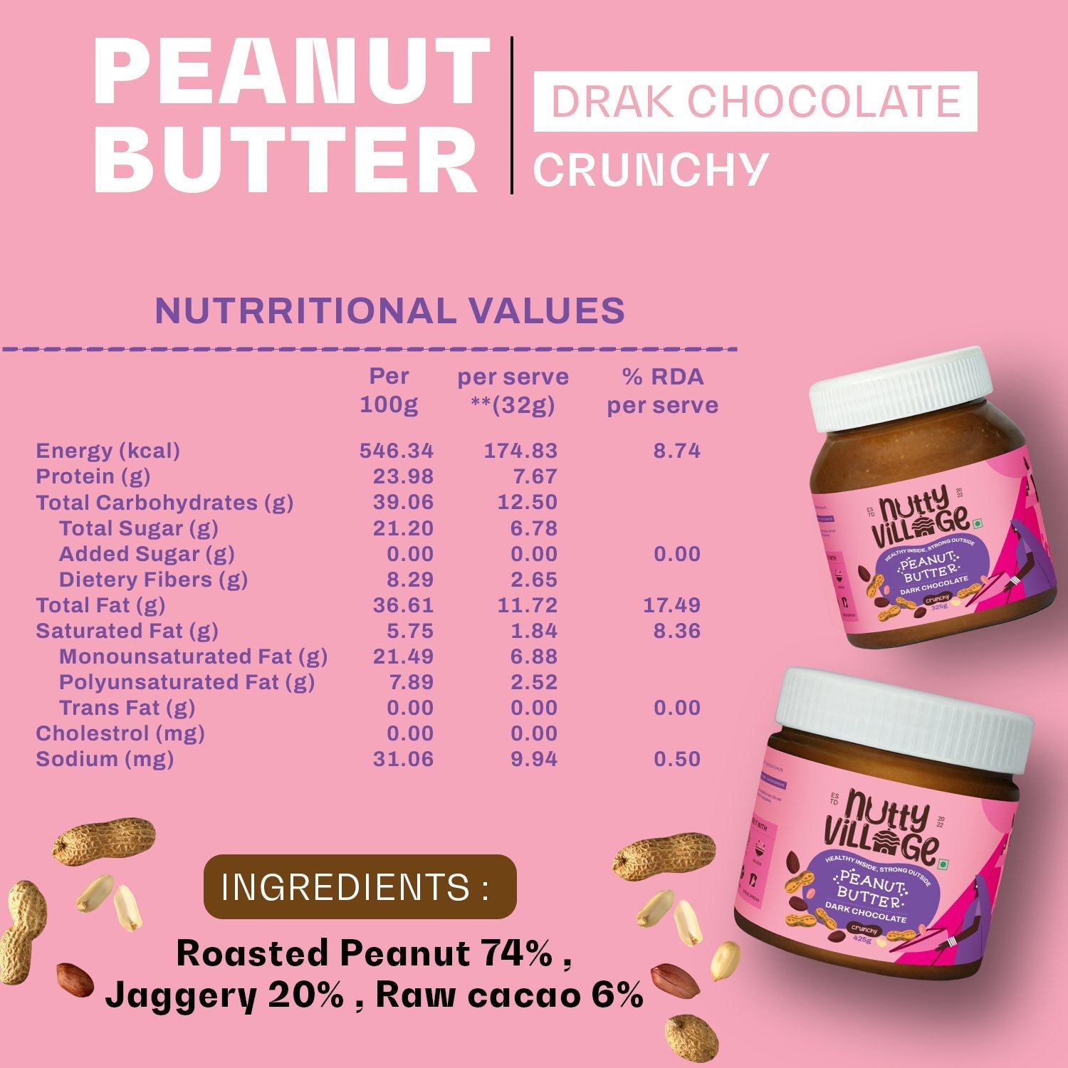 Nutty Village Dark Chocolate Peanut Butter Nutrition Facts – made with 74% peanuts, 20% jaggery and 6% raw cacao. Smooth, creamy texture, rich in protein, no refined sugar and no palm oil.