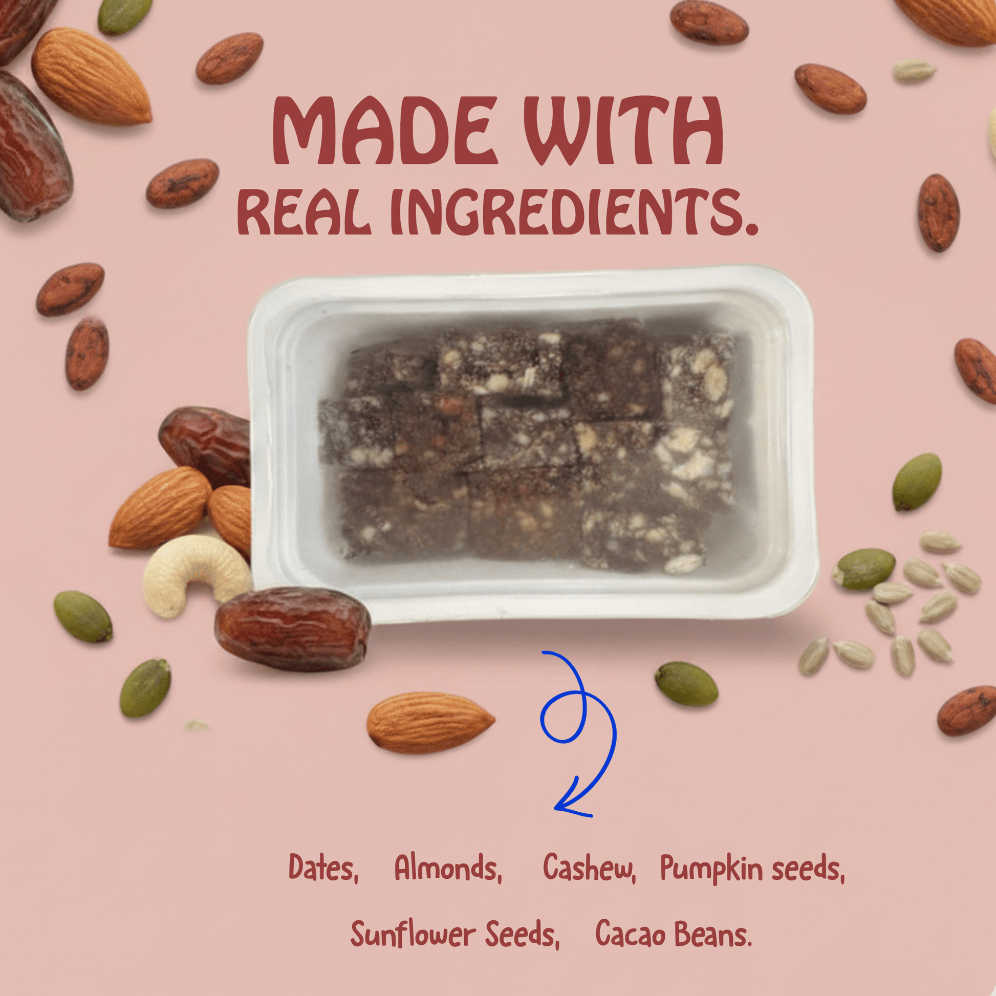 Nutty Village Date Bites Dark Chocolate – made with real ingredients like dates, almonds, cashews, pumpkin seeds, sunflower seeds, and cacao beans – healthy snack