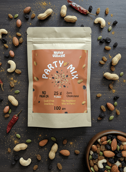 Nutty Village Party Mix air roasted healthy snack– high protein mix of peanuts, cashews, almonds, raisins and seeds. Zero cholesterol, no palm oil, guilt-free snacking made in India.