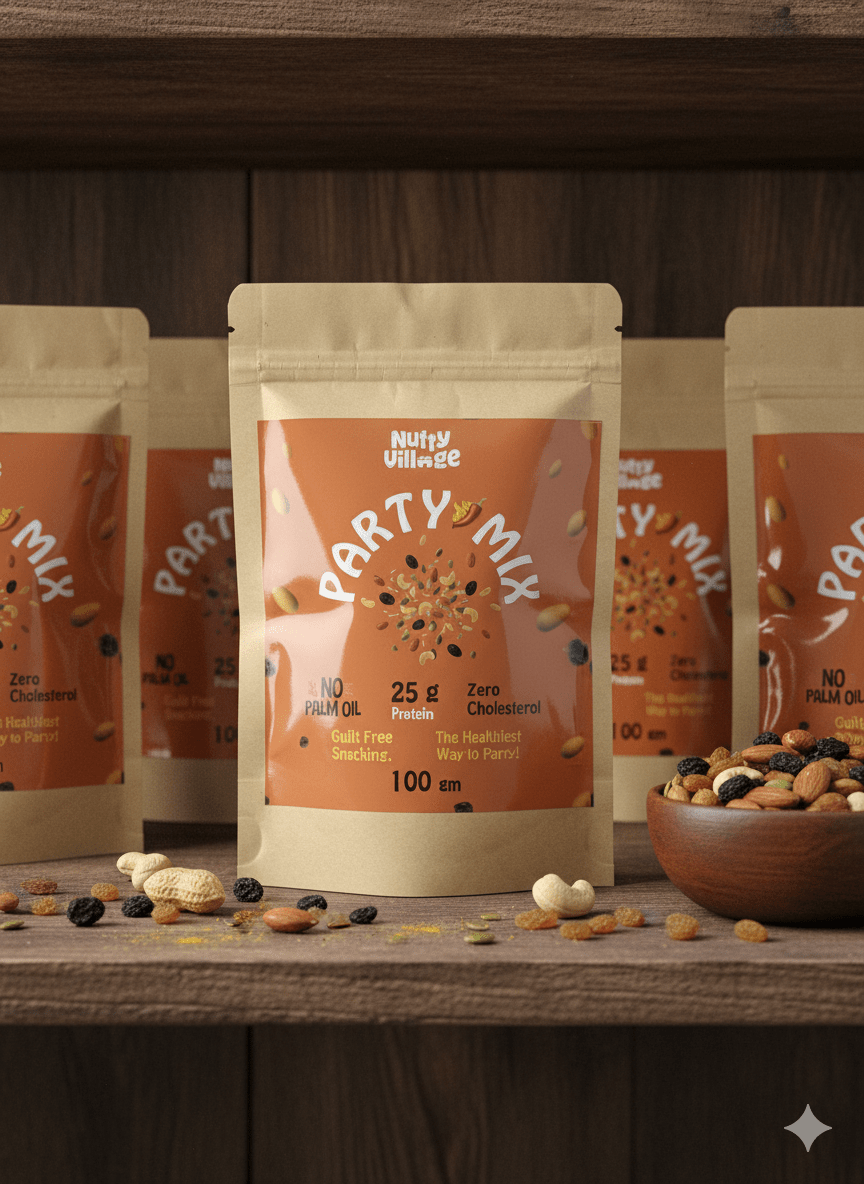 Nutty Village Party Mix – air roasted, not fried, zero cholesterol healthy snack made with premium nuts and seeds. High protein, clean label, perfect for guilt-free snacking.