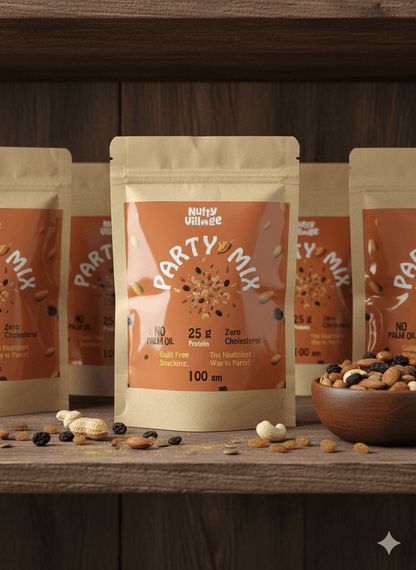 Nutty Village Party Mix – air roasted, not fried, zero cholesterol healthy snack made with premium nuts and seeds. High protein, clean label, perfect for guilt-free snacking.
