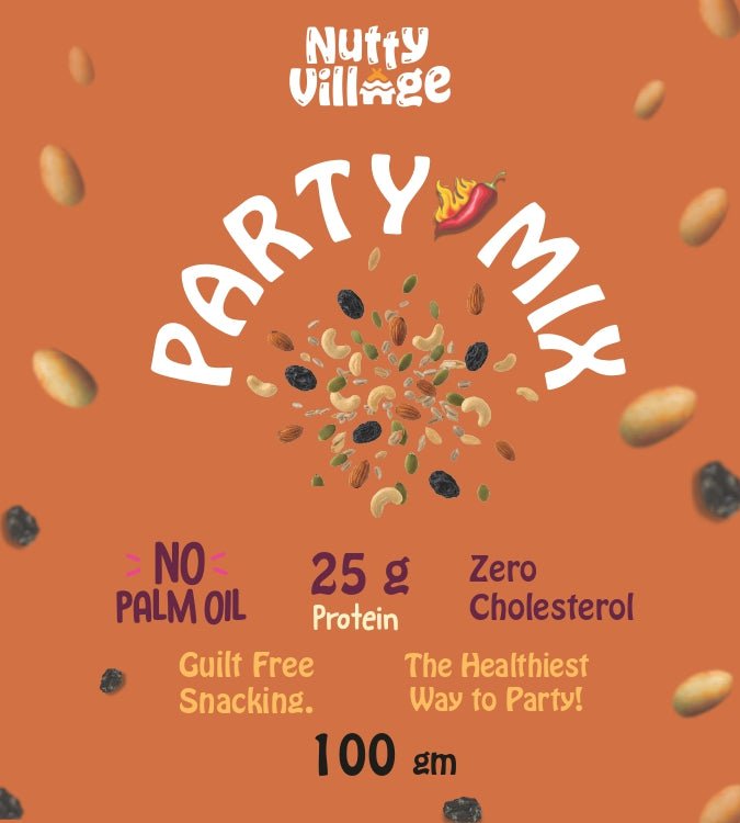 Nutty Village Party Mix front pack – air roasted, high protein, zero cholesterol healthy snack. Made with nuts and seeds, no palm oil, guilt-free snacking option for mindful eaters.