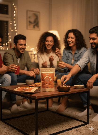 Nutty Village Party Mix – friends enjoying healthy air-roasted snack at a party table. High-protein, zero-cholesterol, guilt-free nuts and seeds mix made in India.