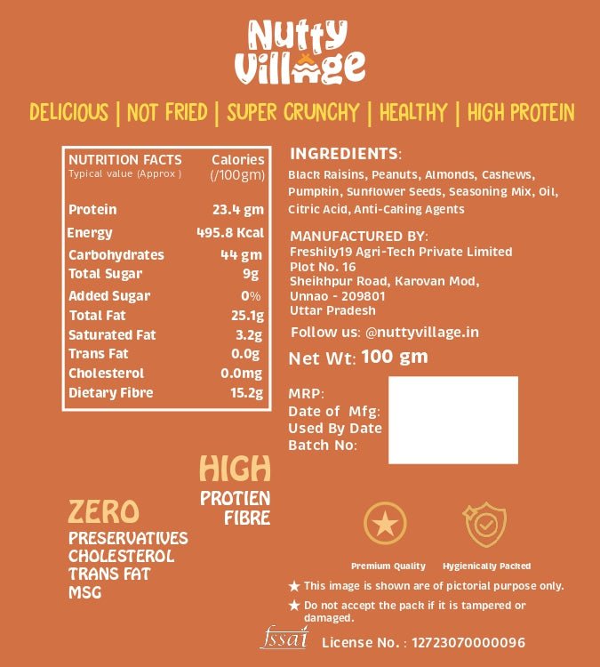 Nutty Village Party Mix Nutrition Label – air roasted healthy snack made with peanuts, almonds, cashews, and seeds. High protein, zero cholesterol, no MSG or preservatives, clean-label Indian mix.