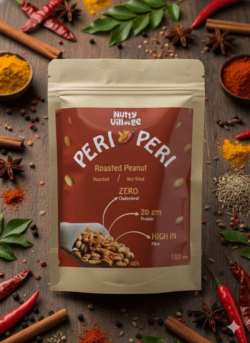 Nutty Village Peri Peri Roasted Peanuts – air roasted, not fried spicy peanut snack made with natural Indian spices. High protein, zero cholesterol, and full of bold peri peri flavour.
