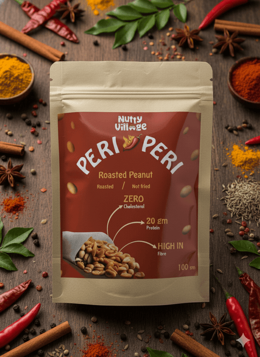 Nutty Village Peri Peri Roasted Peanuts – air roasted, not fried spicy peanut snack made with natural Indian spices. High protein, zero cholesterol, and full of bold peri peri flavour.