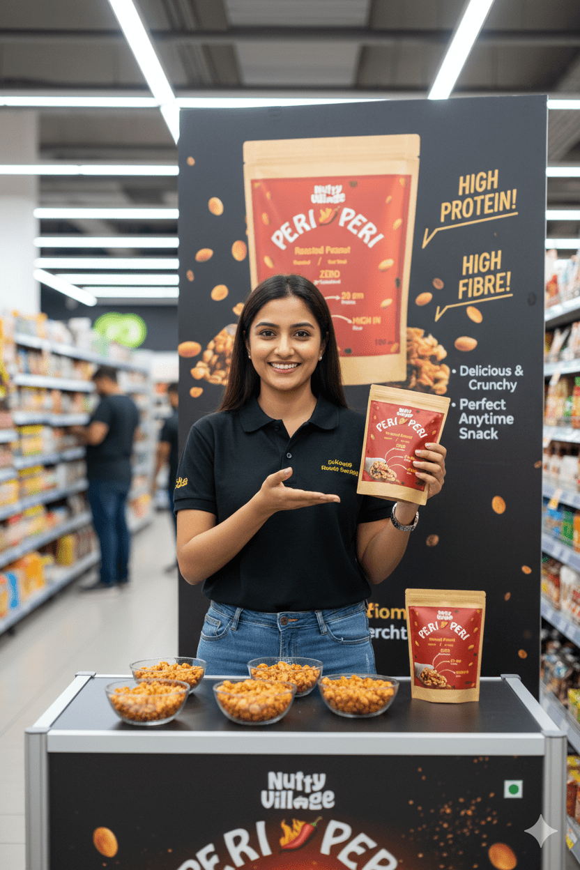 Nutty Village Peri Peri Roasted Peanuts –  high protein, high fibre air roasted spicy peanuts. Healthy anytime snack made with zero cholesterol and no palm oil.