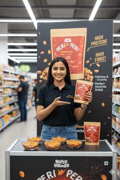 Nutty Village Peri Peri Roasted Peanuts –  high protein, high fibre air roasted spicy peanuts. Healthy anytime snack made with zero cholesterol and no palm oil.