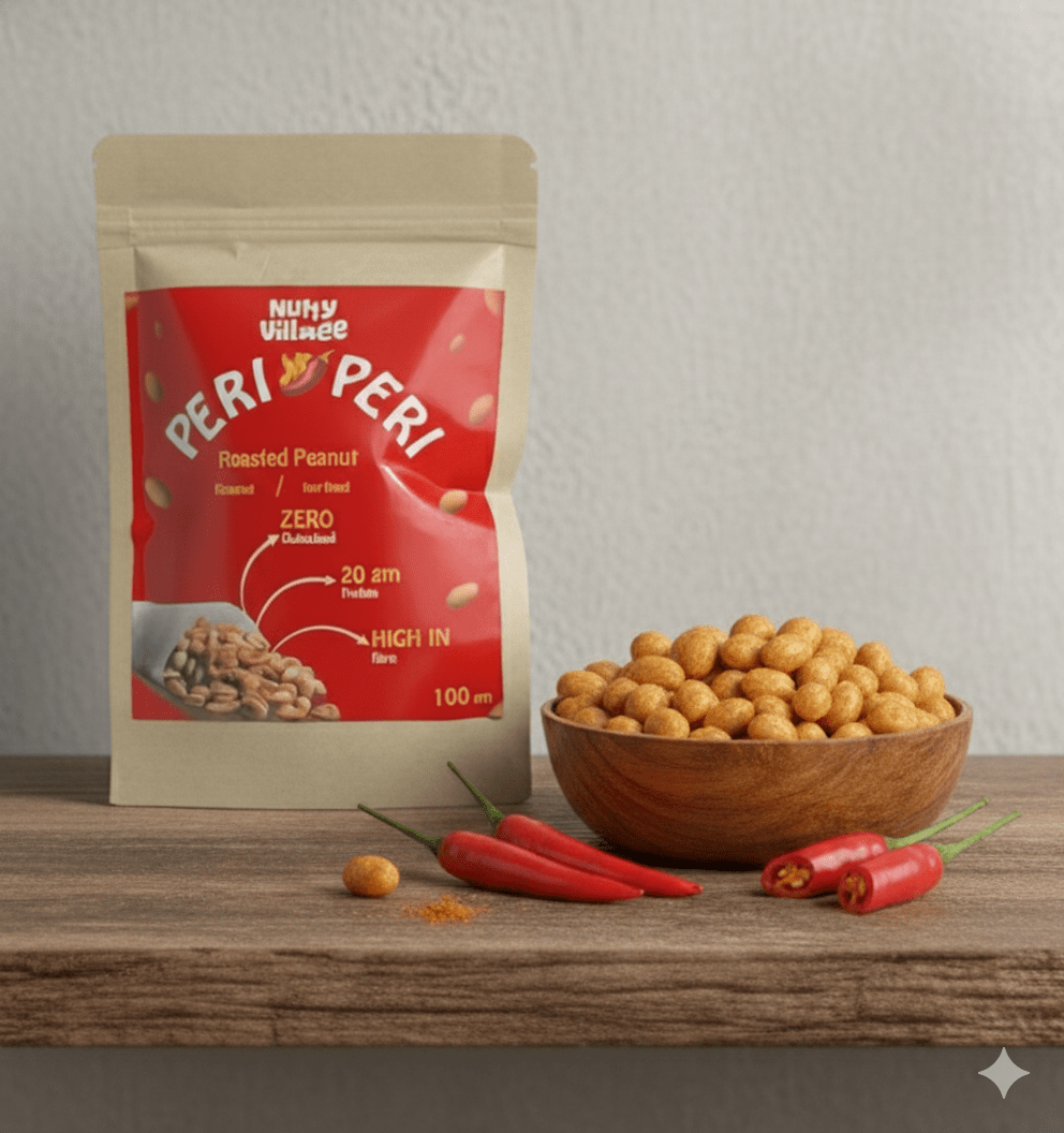 Nutty Village Peri Peri Roasted Peanuts – spicy high-protein snack made from air roasted peanuts with peri peri seasoning. Zero cholesterol, no palm oil, perfect for guilt-free snacking.