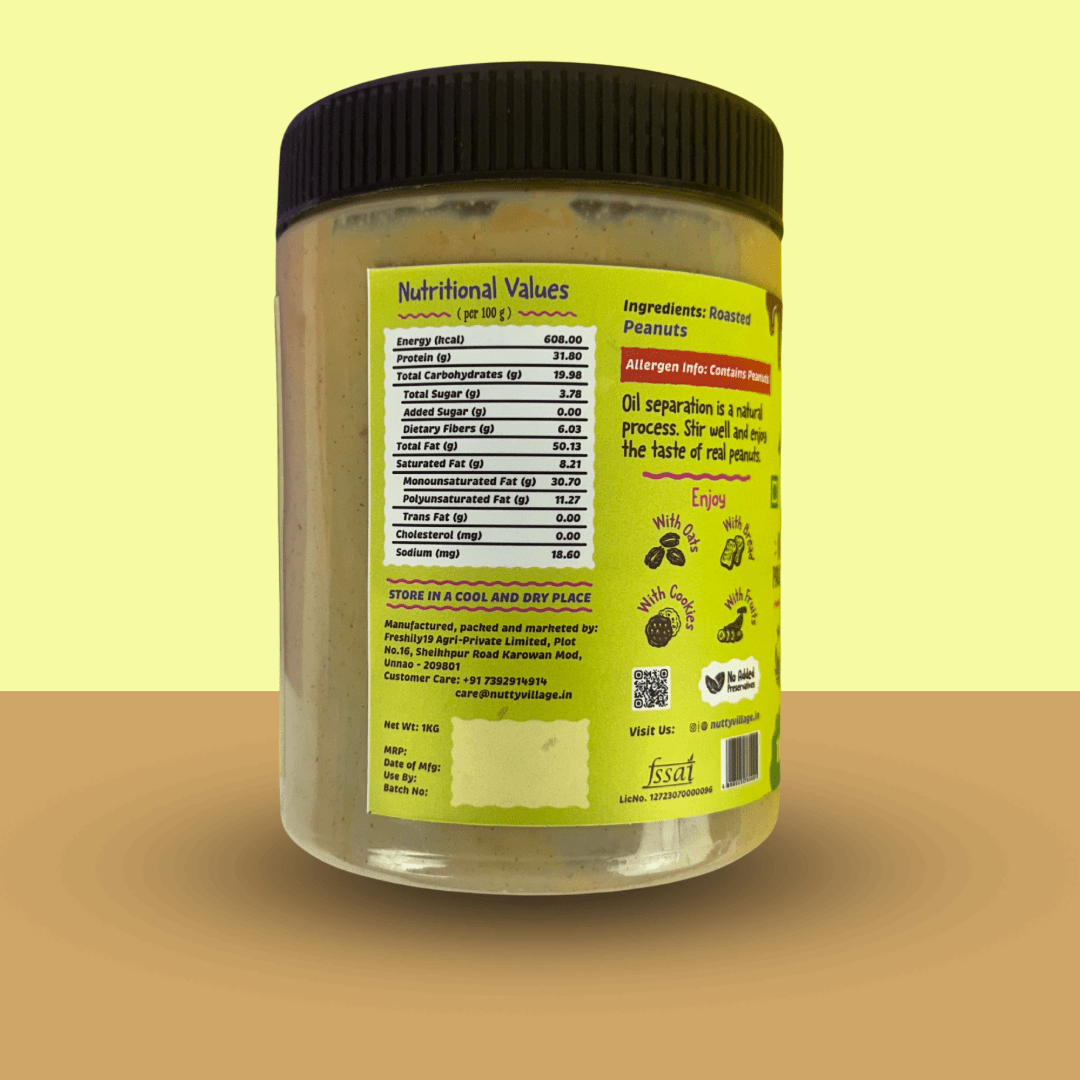 Nutty Village Unsweetened Peanut Butter | Creamy or Crunchy Available | 1 Kg - Nutty Village
