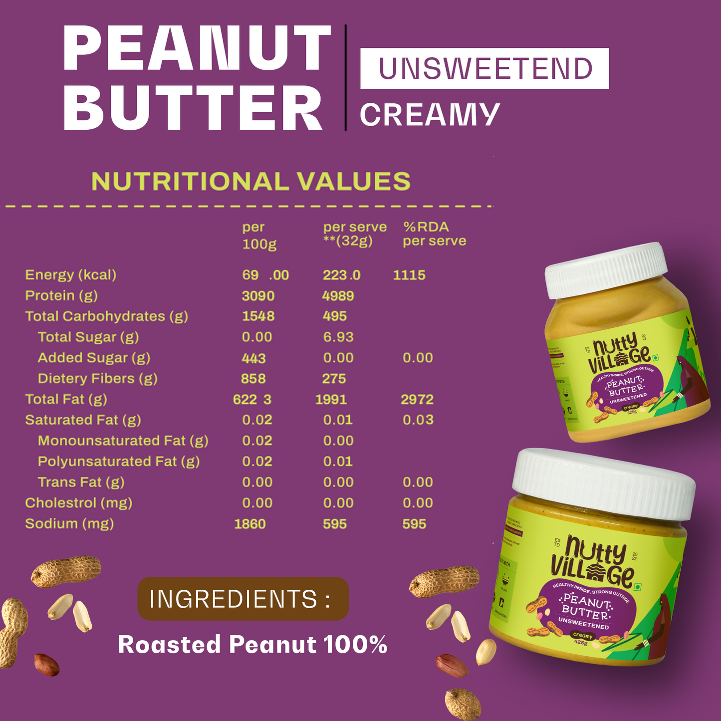 Nutty Village Unsweetened Peanut Butter (Creamy) 100% Natural High Protein 325gm