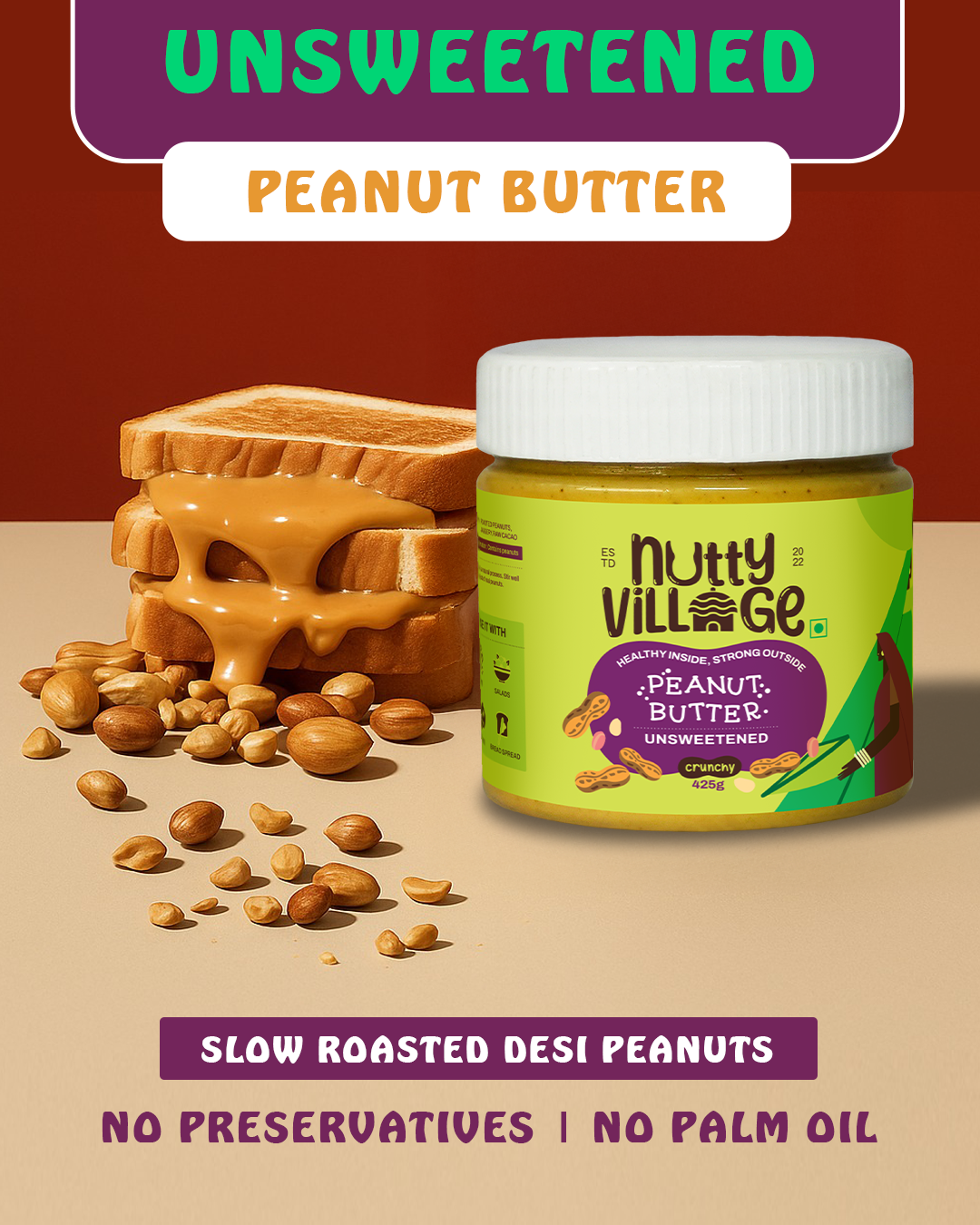 Unsweetened Peanut Butter (Creamy) 425gm - Nutty Village